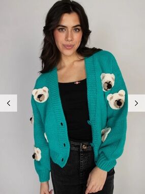 S/M Dreamers by Debut Teal 3D Teddy Button-Front Cardigan